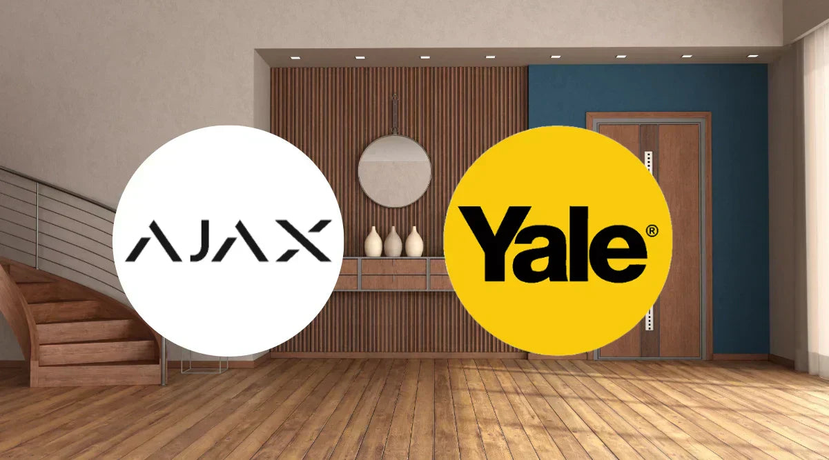 Modern front door with AJAX and Yale smart lock integration logos — representing a combined smart security system