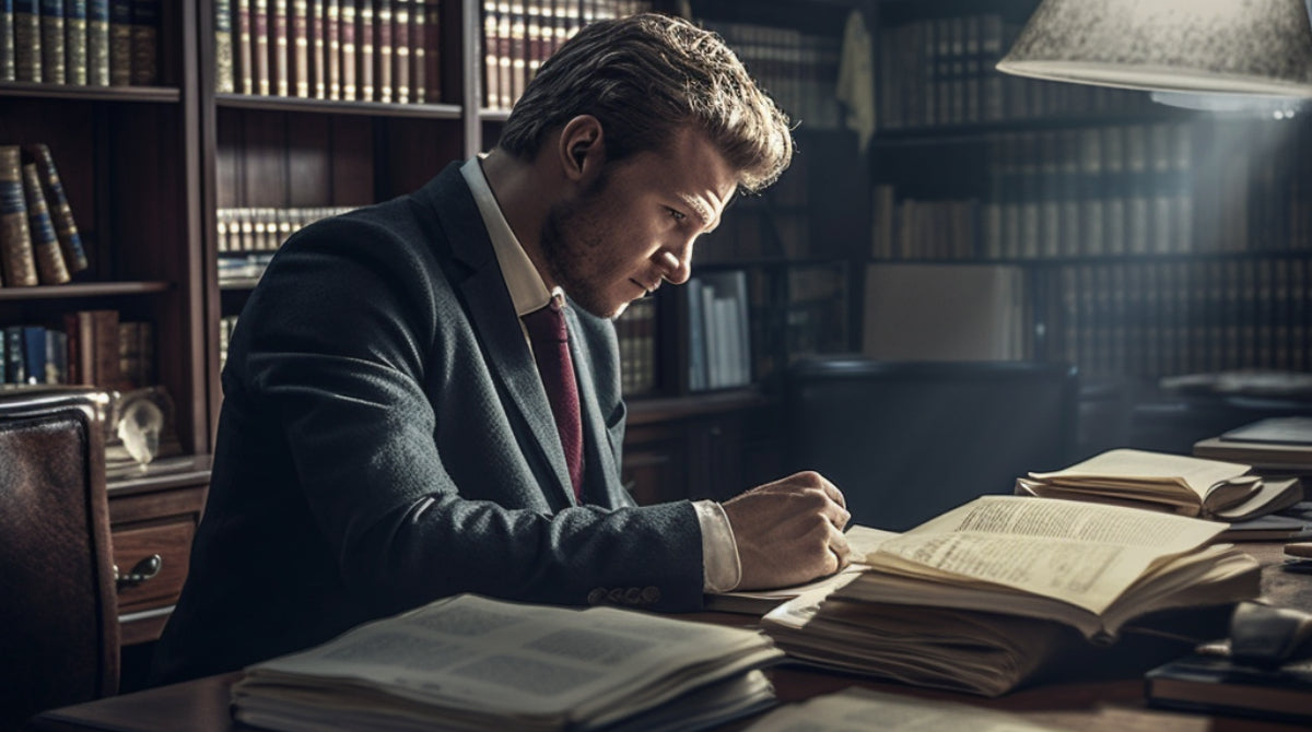 Man reading legal books