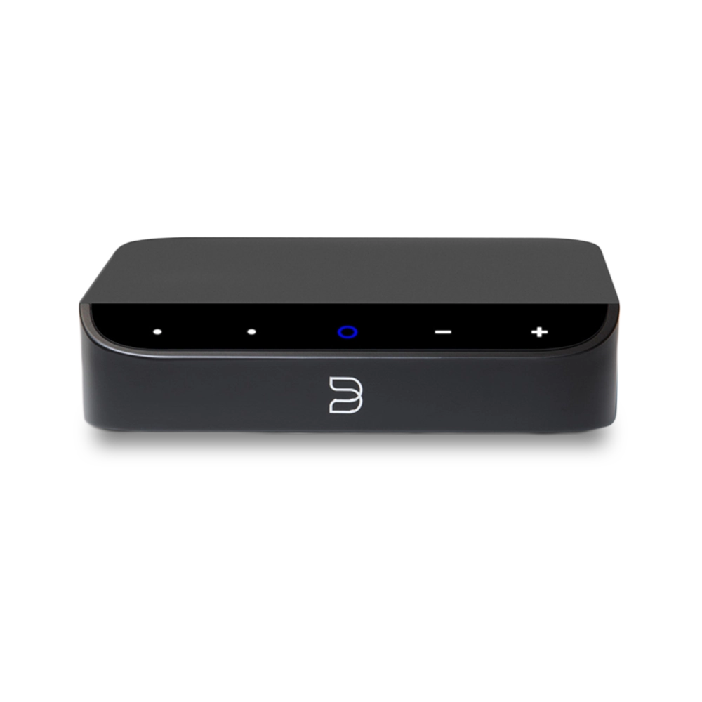 Front view of Bluesound NODE NANO compact music streamer in black finish
