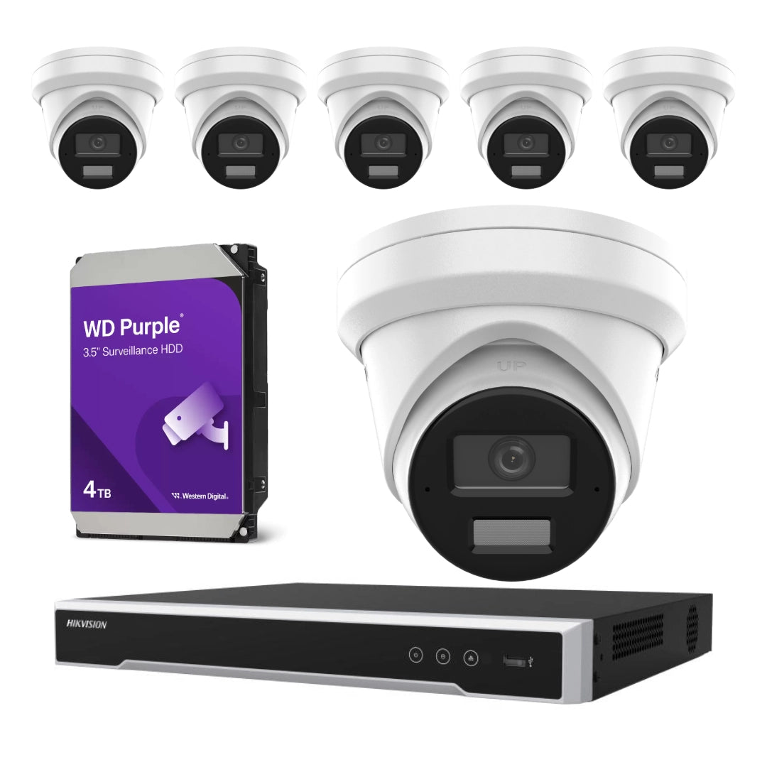 Hikvision HiLook Kit with 6MP turret cameras, 8-channel NVR, and 4TB HDD