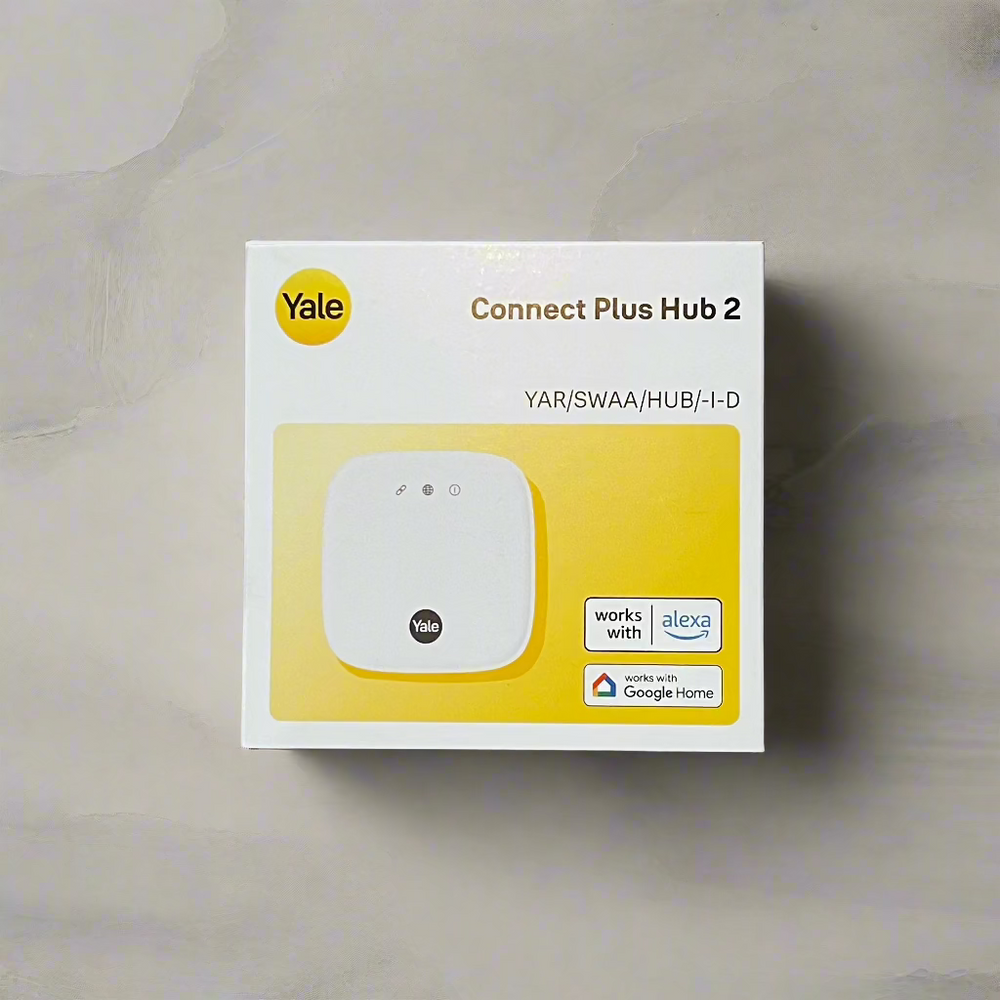 
                  
                    Yale Connect Plus Hub 2 box showing Alexa and Google Home features
                  
                