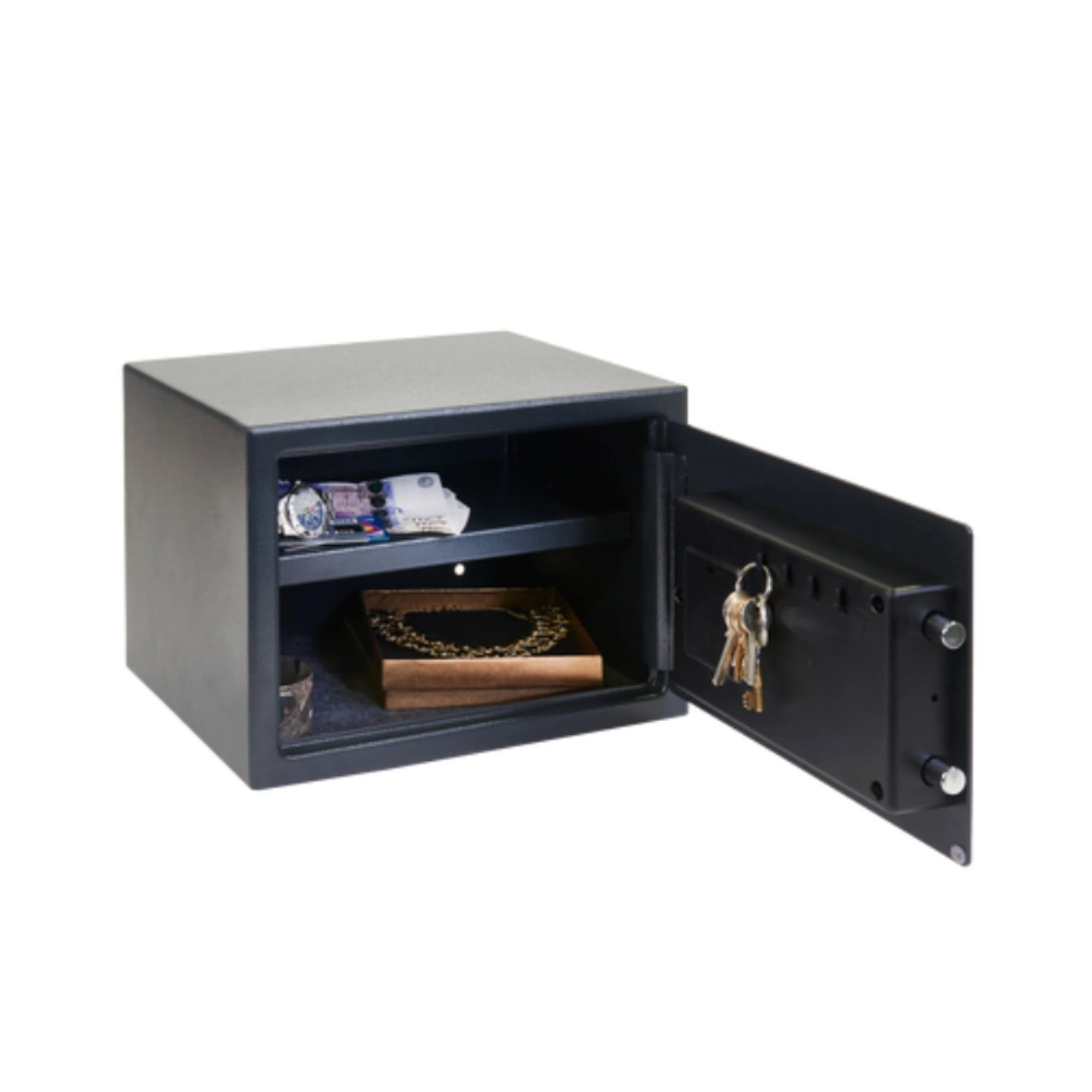 Open safe with valuables inside