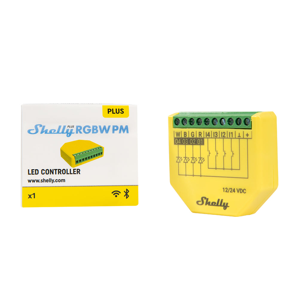 
                  
                    Shelly Plus RGBW PM with box showing wi-fi and bluetooth symbols
                  
                